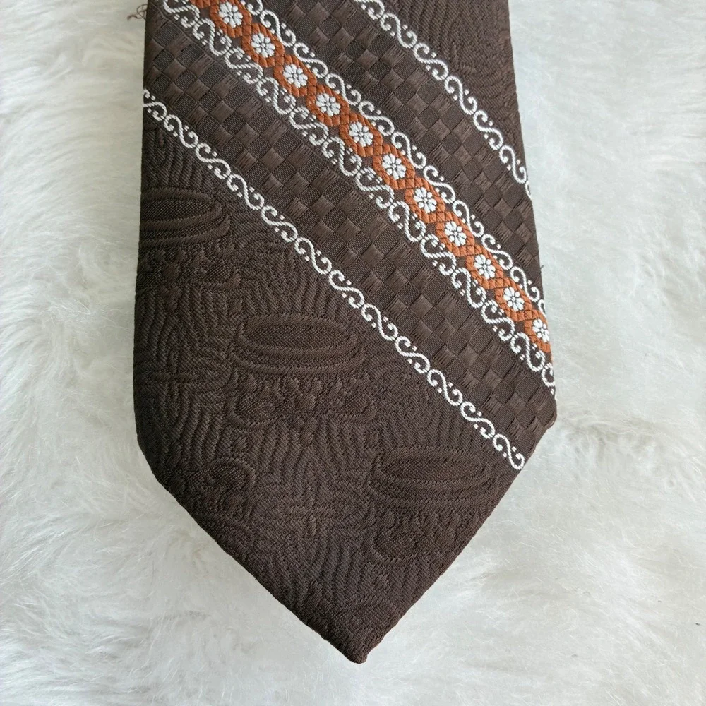 Vintage Brown Textured Diagonal Stripe Floral Crown Jacquard Wide Necktie‎ Mens